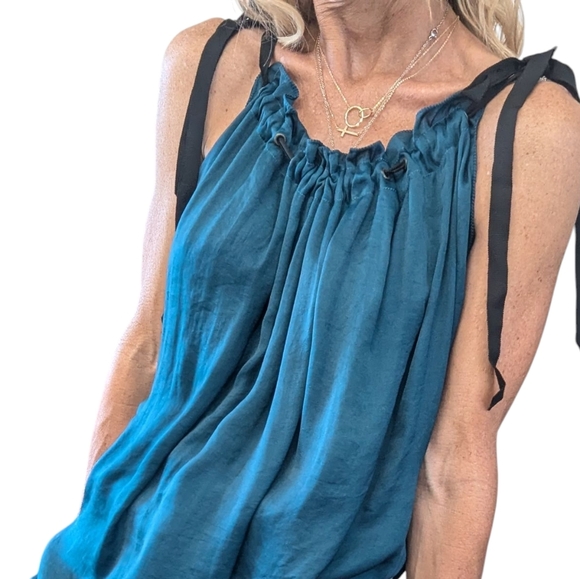 Lanvin Paris Teal Halter Top Ribbon Tie Straps Draped Open Back Size 40 - Picture 9 of 10